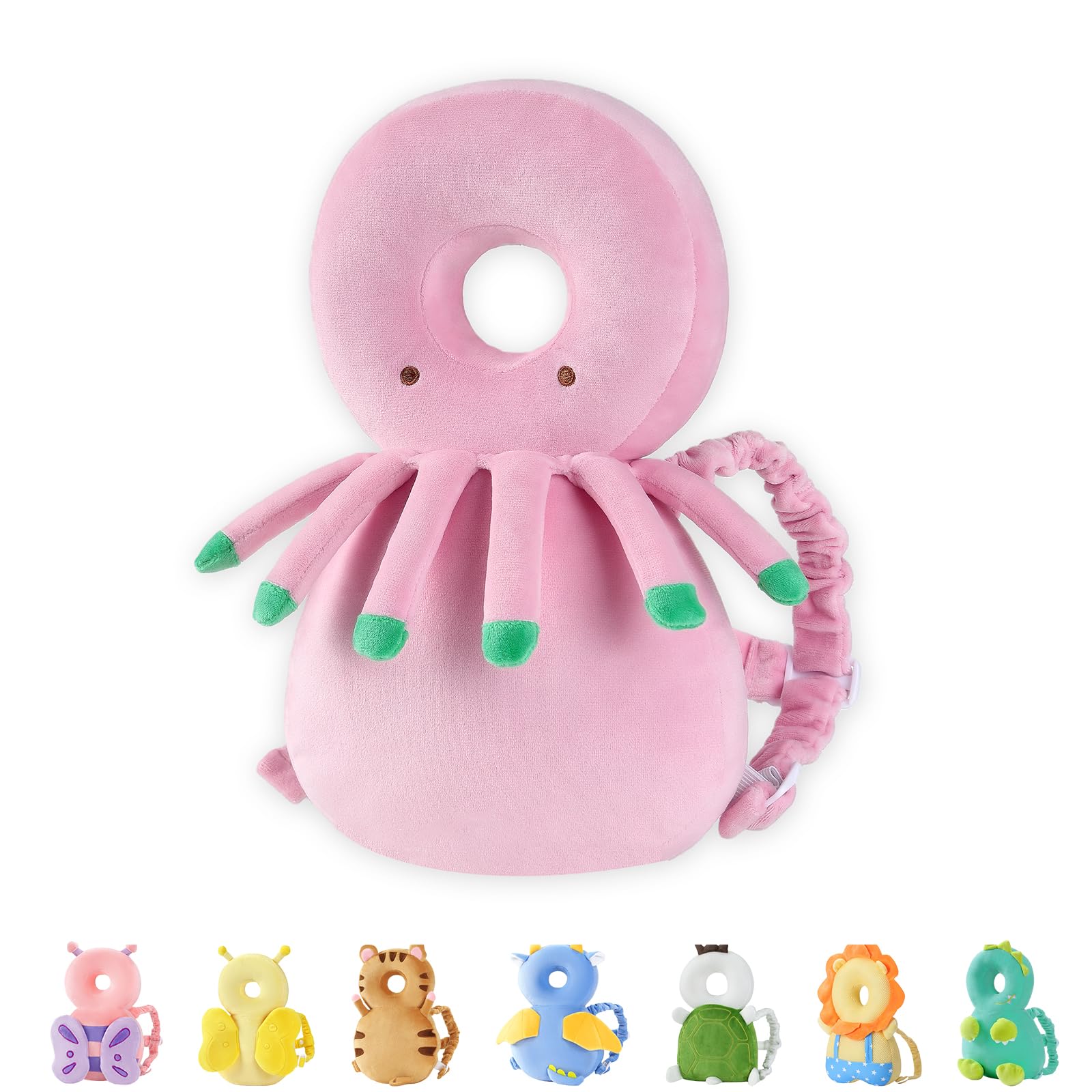 JunNeng pink octopus head protector backpack, front view for comfortable first steps