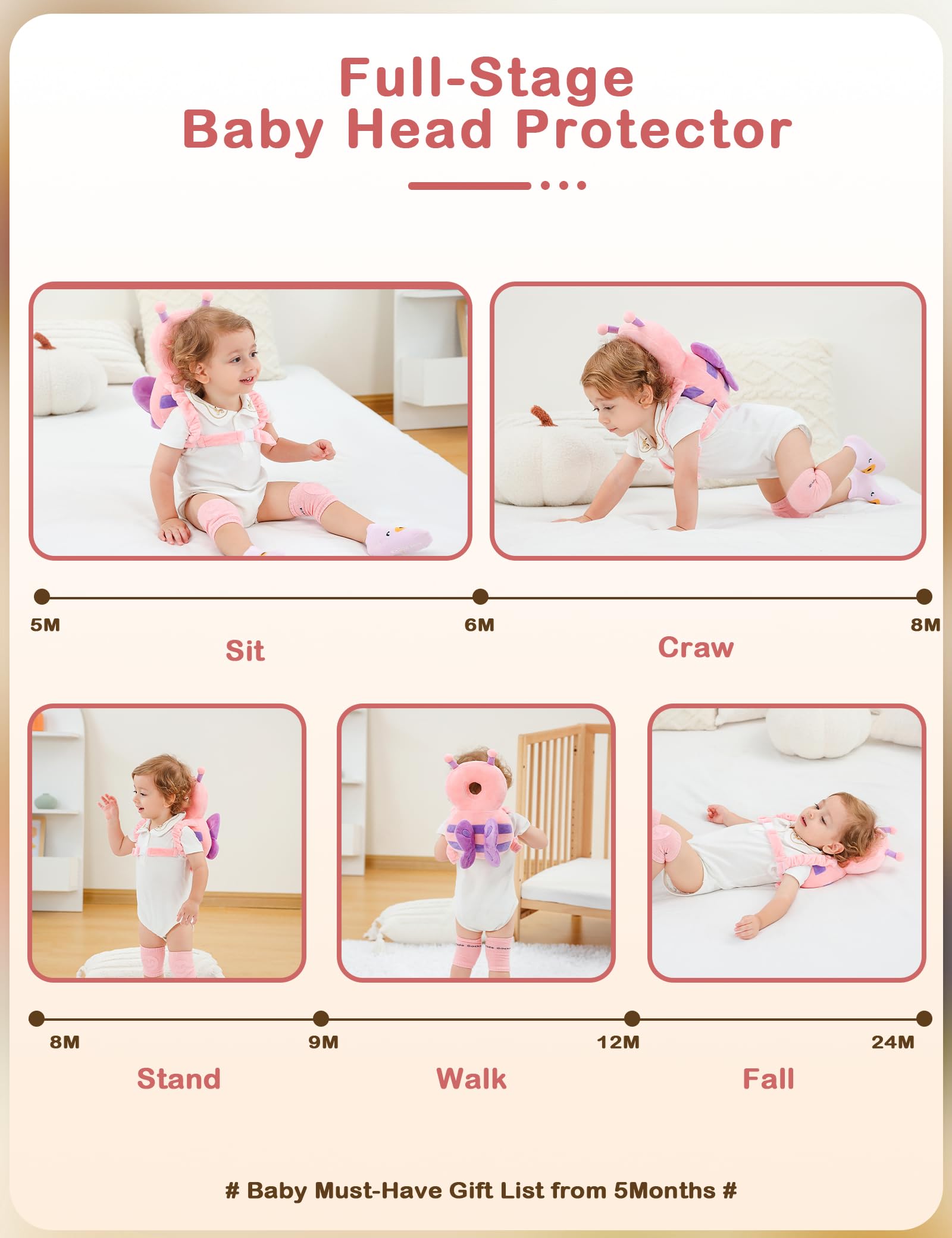 JunNeng baby wearing the orange head protector backpack provides gentle cushioning during playtime