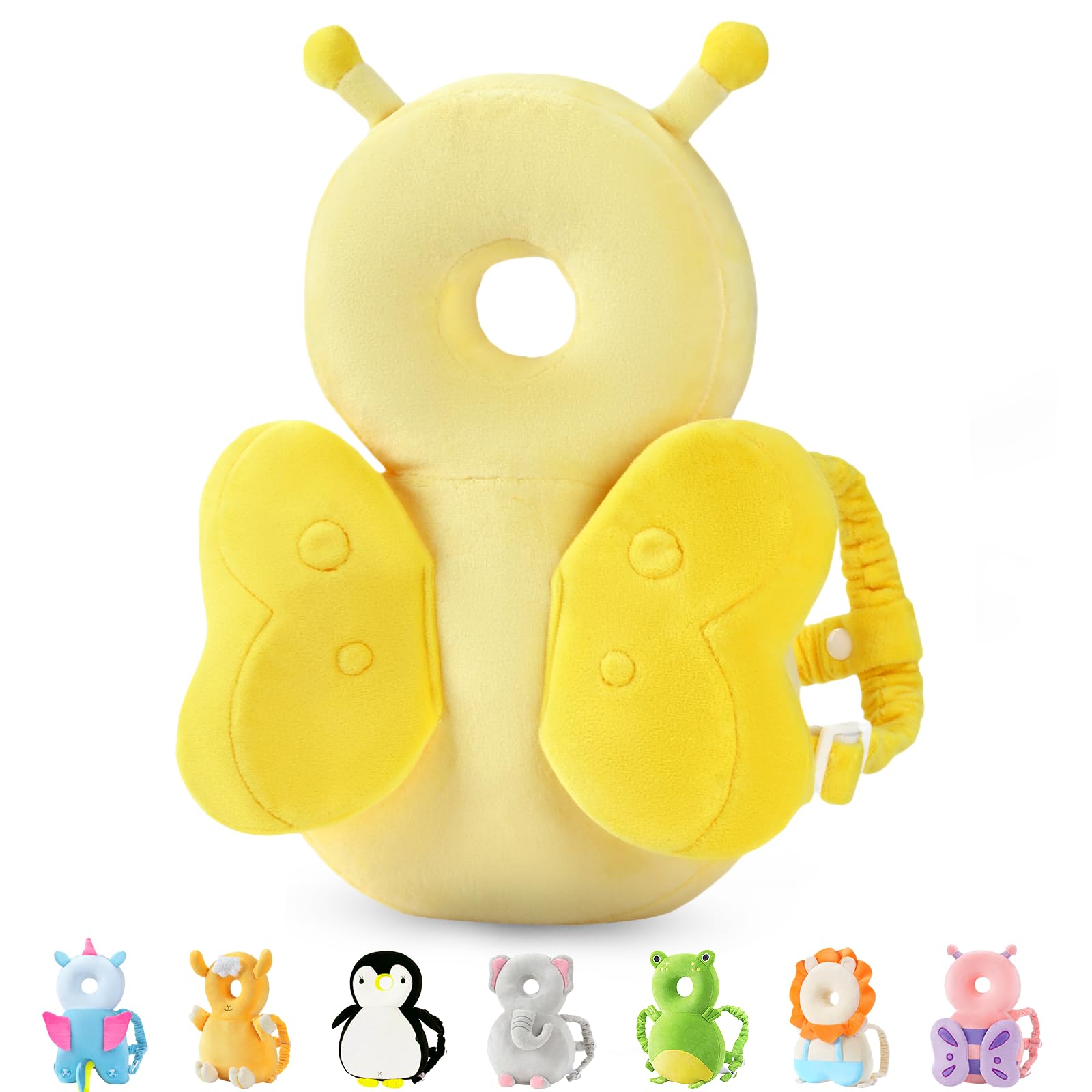 JunNeng baby head protector backpack with yellow butterfly design cushions tumbles.
