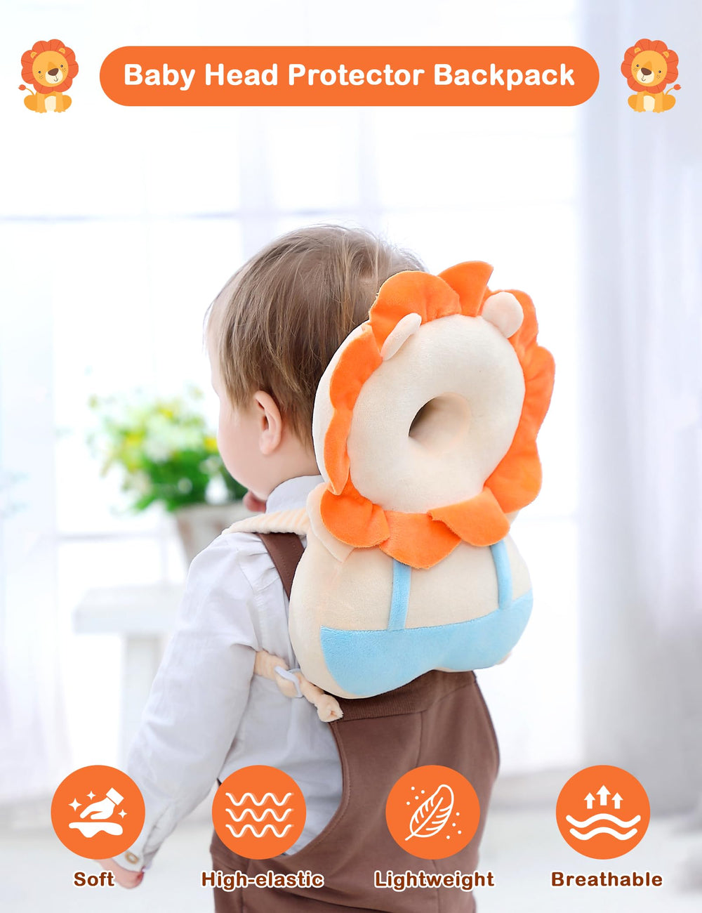 JunNeng head protector worn from the back supports safe crawling and walking.