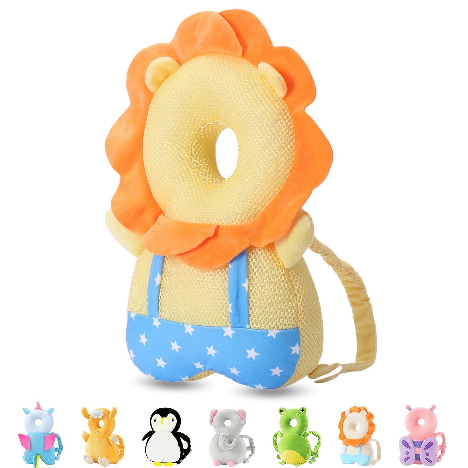 JunNeng Baby Head Protector Backpack with yellow lion mesh protects tiny heads during first steps