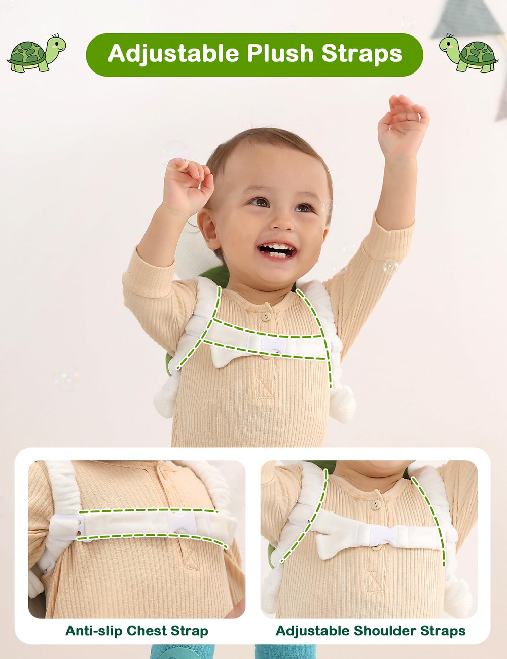JunNeng baby wearing green frog head protector backpack during walks