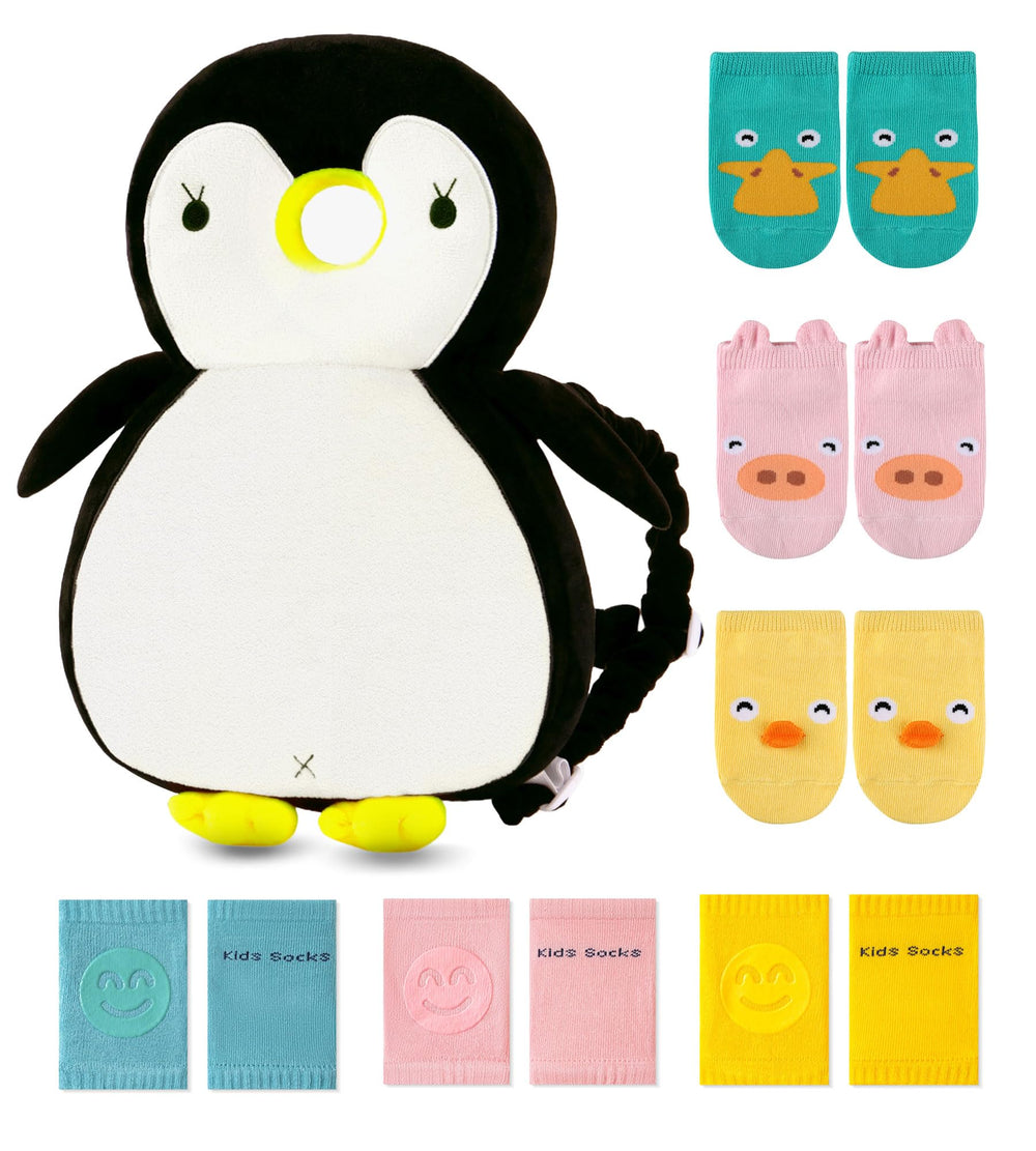 JunNeng Penguin head protector backpack on toddler during first steps for gentle protection.