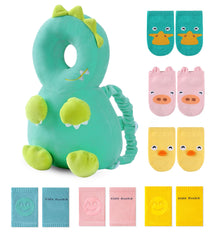 JunNeng head protector backpack in dinosaur green cushions bumps during first steps