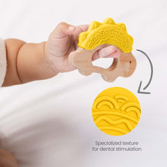 JUNUNA teether in yellow provides bright styling and gentle gum relief for babies.