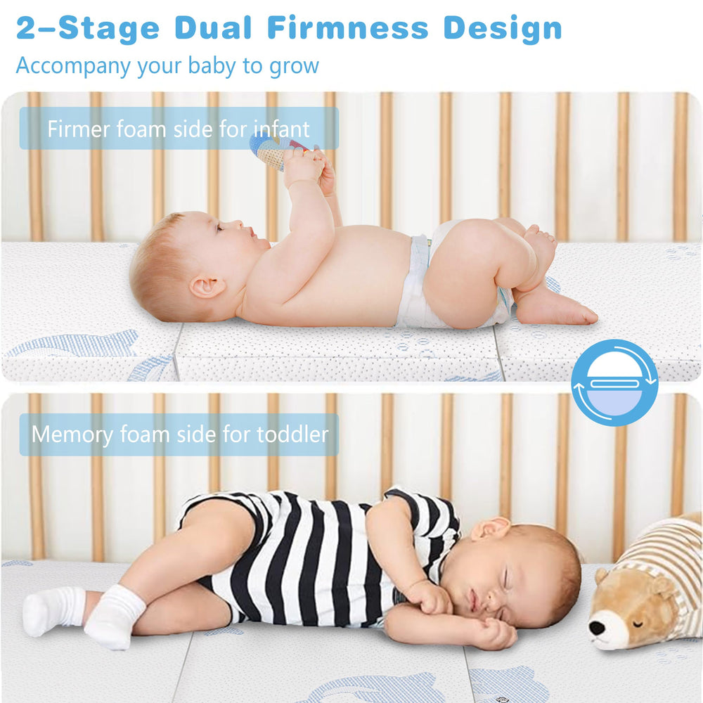 JUNYOHOA Trifold Pack and Play Mattress includes a storage bag for travel.