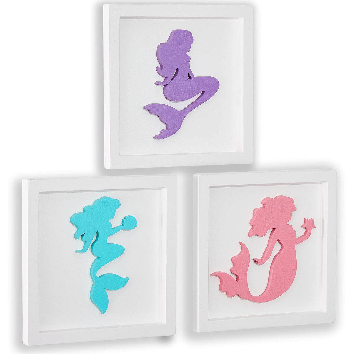 JunyRuny 3D mermaid wall art set in wooden frames adds color to a girl's bedroom.