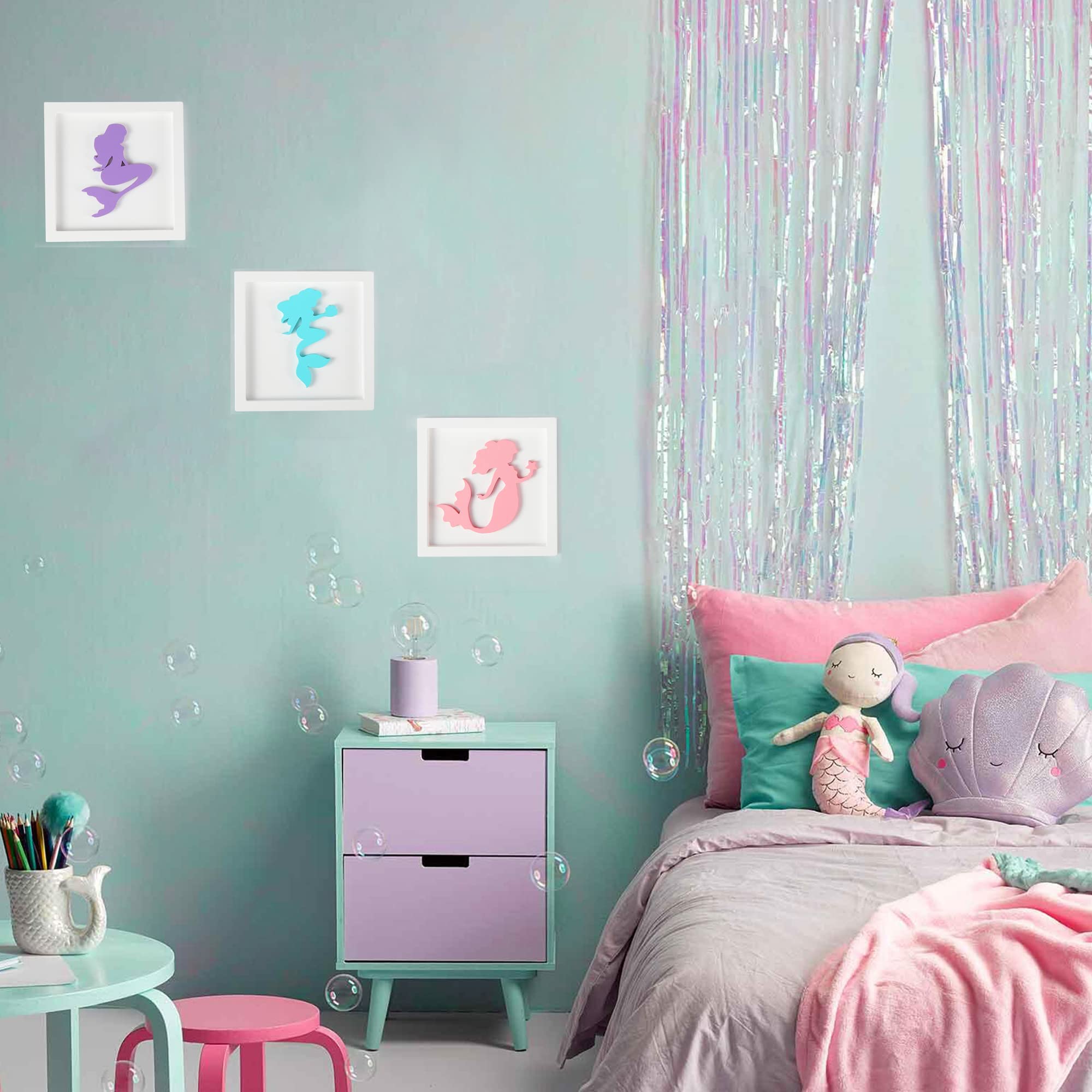 JunyRuny mermaid wall art panels with wooden frames bring depth to nursery walls.
