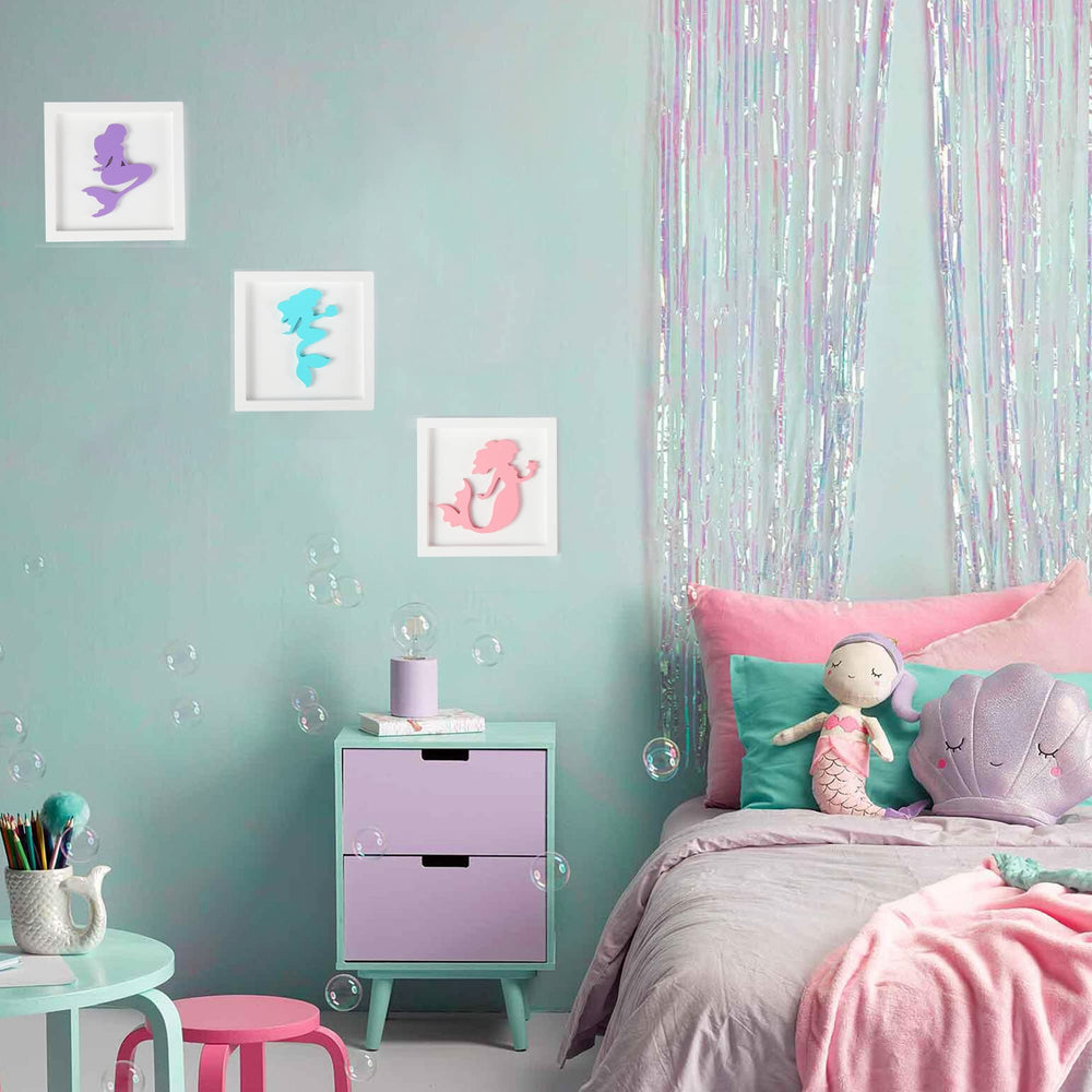 JunyRuny mermaid wall art panels with wooden frames bring depth to nursery walls.