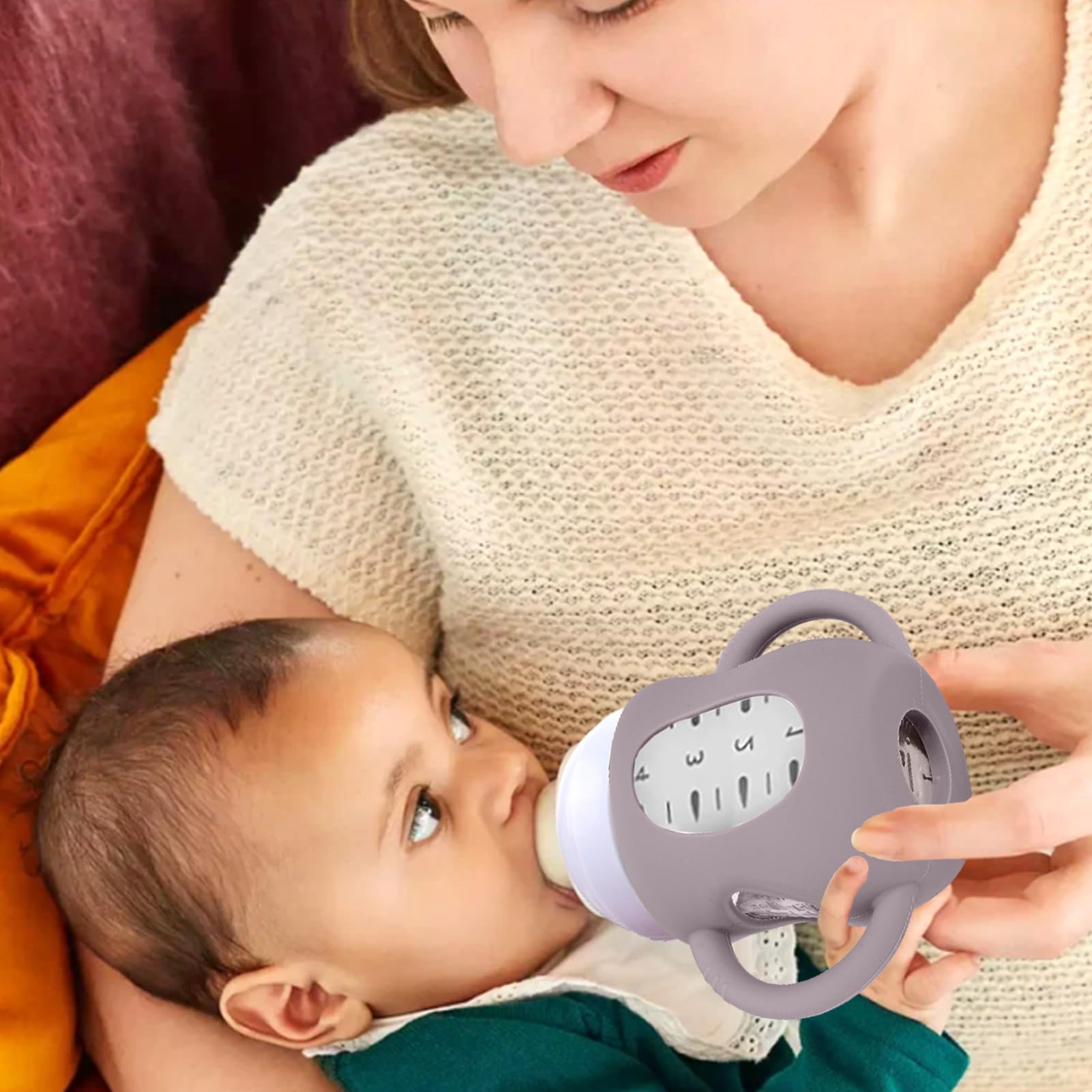 Brown Juome koala sleeve with visible measurement window for easy milk tracking.