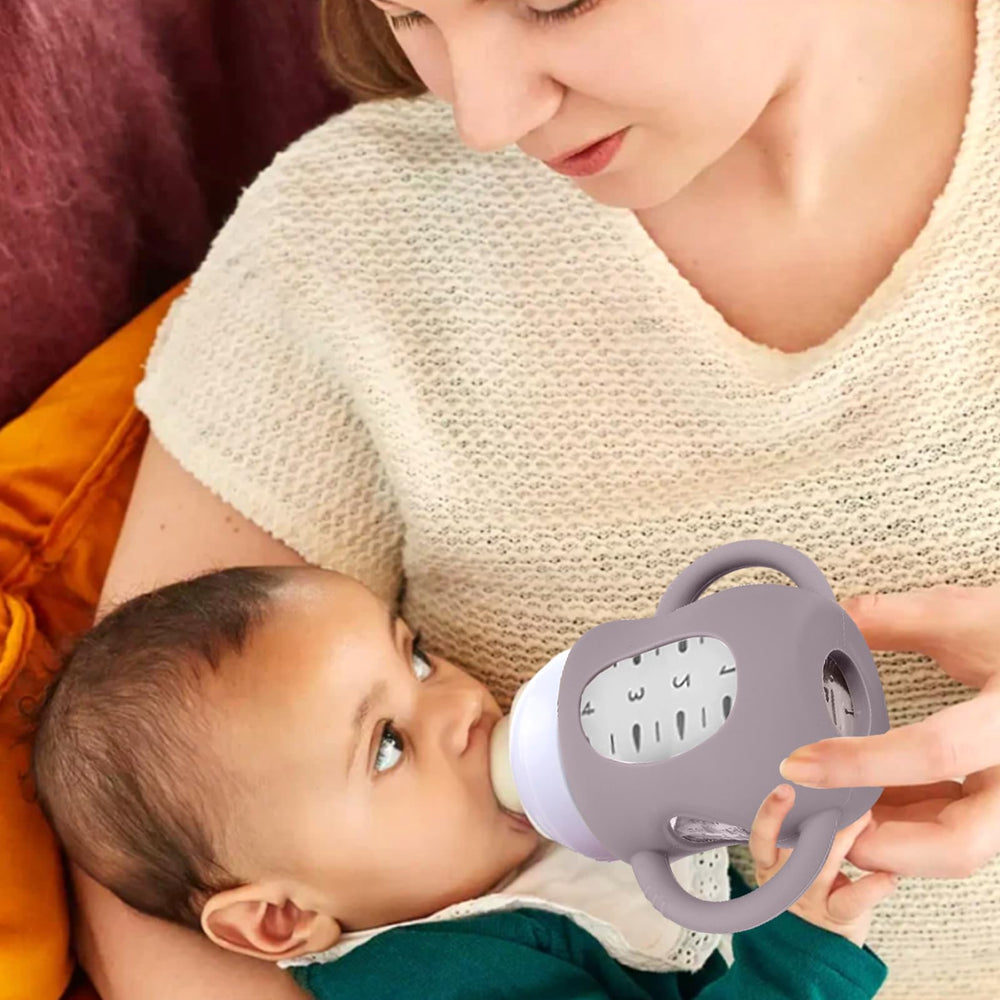 Brown Juome koala sleeve with visible measurement window for easy milk tracking.