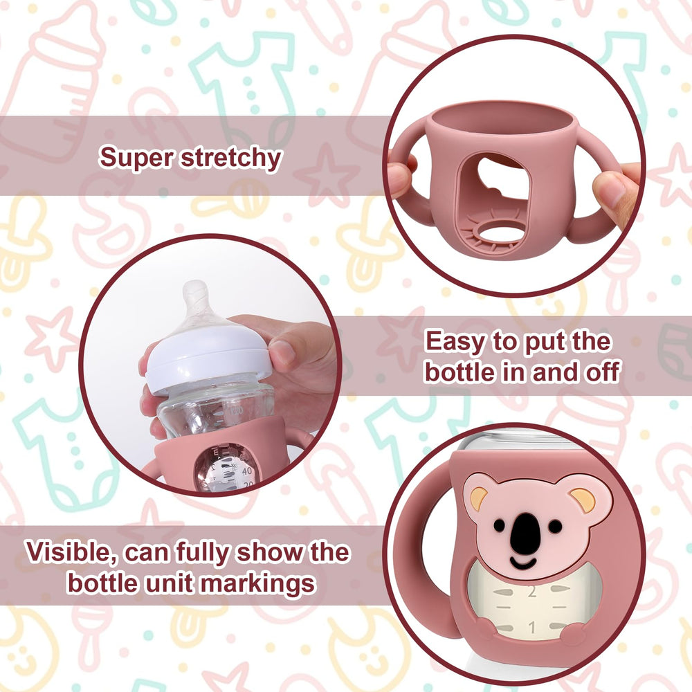 Grey Juome koala sleeve on Philips Avent bottle demonstrates training-friendly handles.