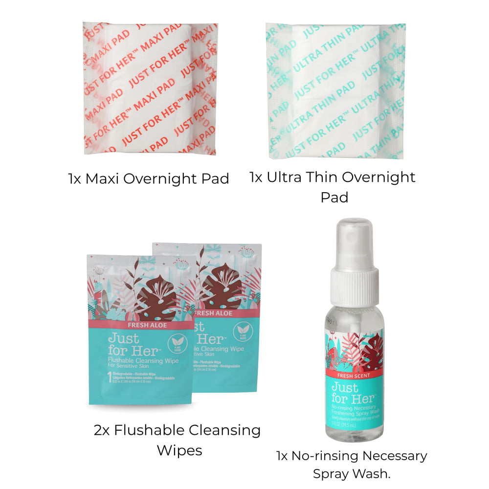Just for Her Emergency Period Kit compact 4.5 oz travel kit fits purses and backpacks.