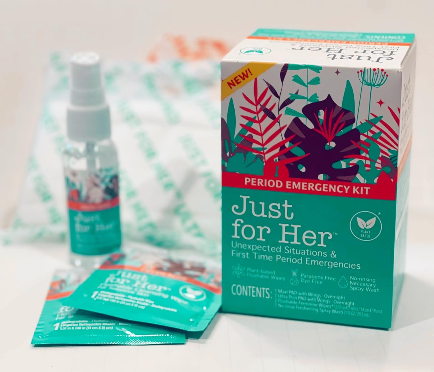 Just for Her Emergency Period Kit wipes flushable for quick refresh.
