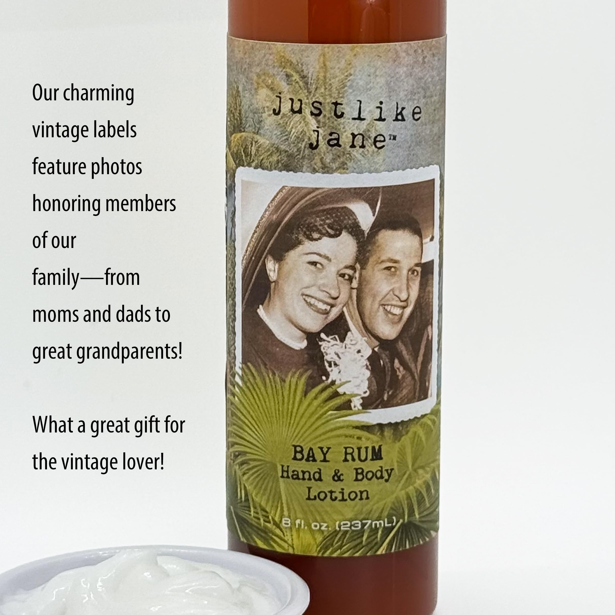 Bay Rum scented Just Like Jane lotion bottle for a classic barbershop mood.