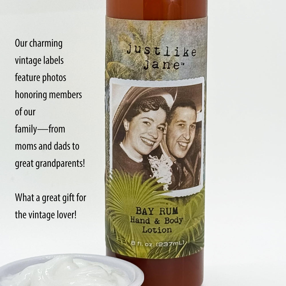 Bay Rum scented Just Like Jane lotion bottle for a classic barbershop mood.
