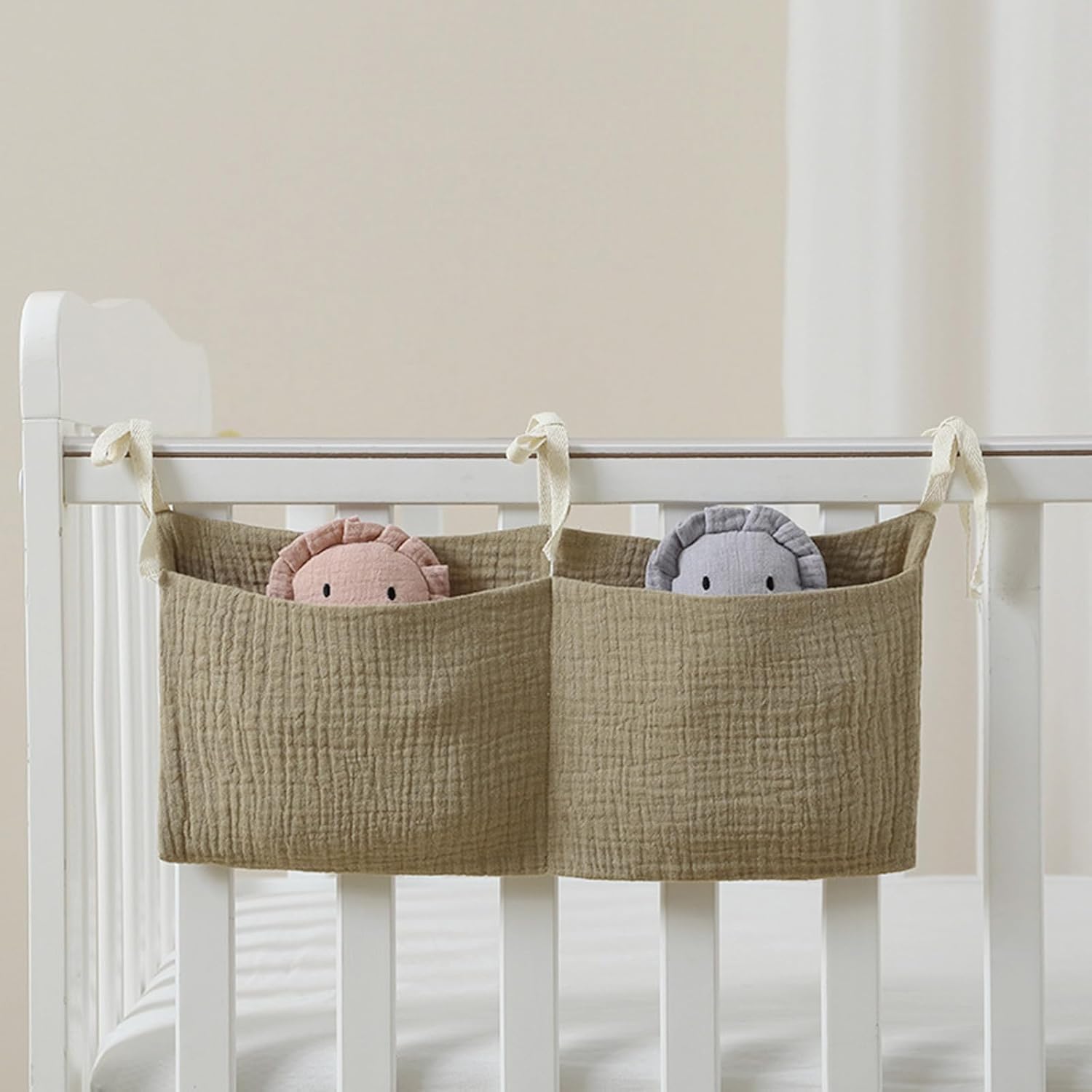JUSTAUS crib bedside storage pocket keeps bottles within reach
