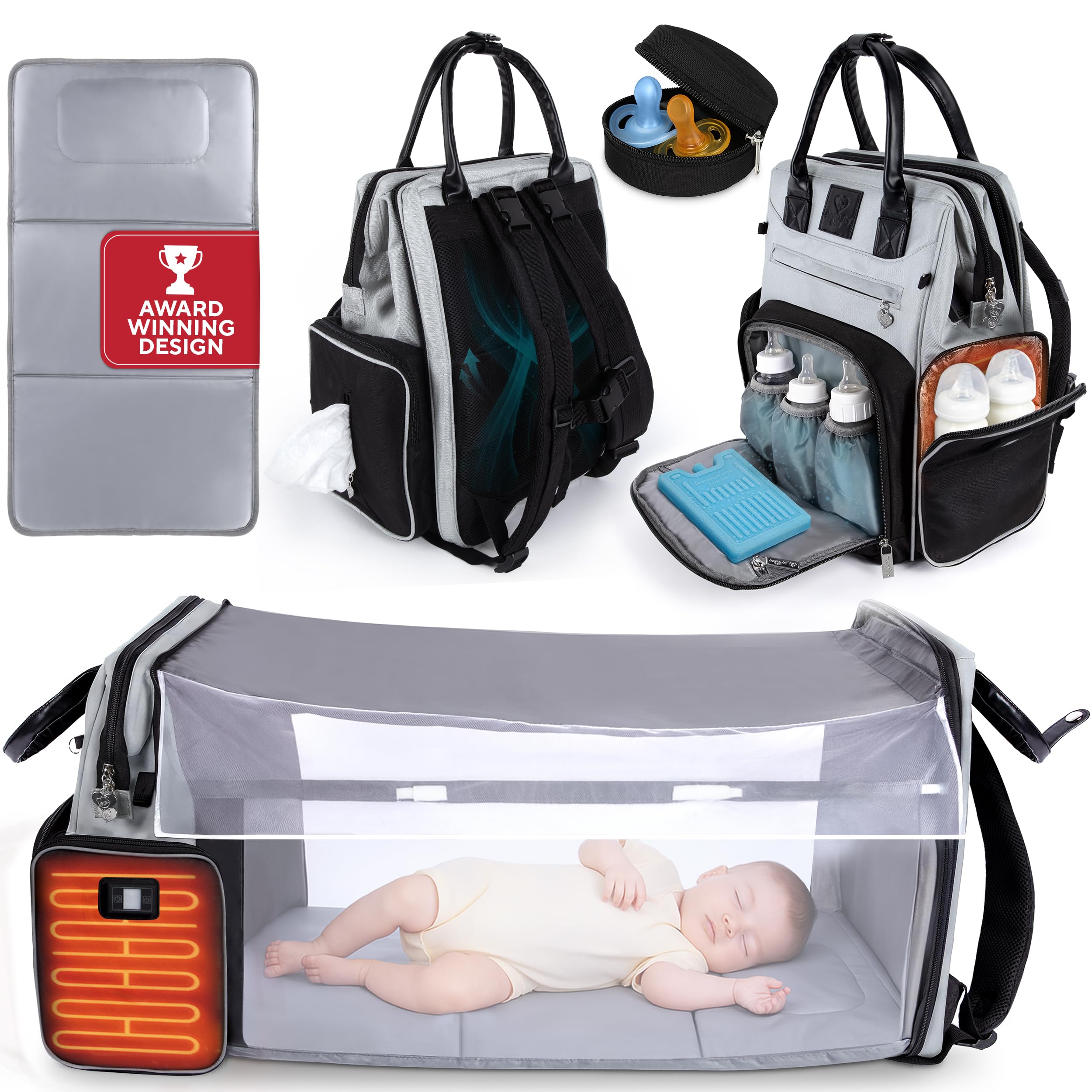 JustBaby Luv heated side pockets keep bottles warm during outings.