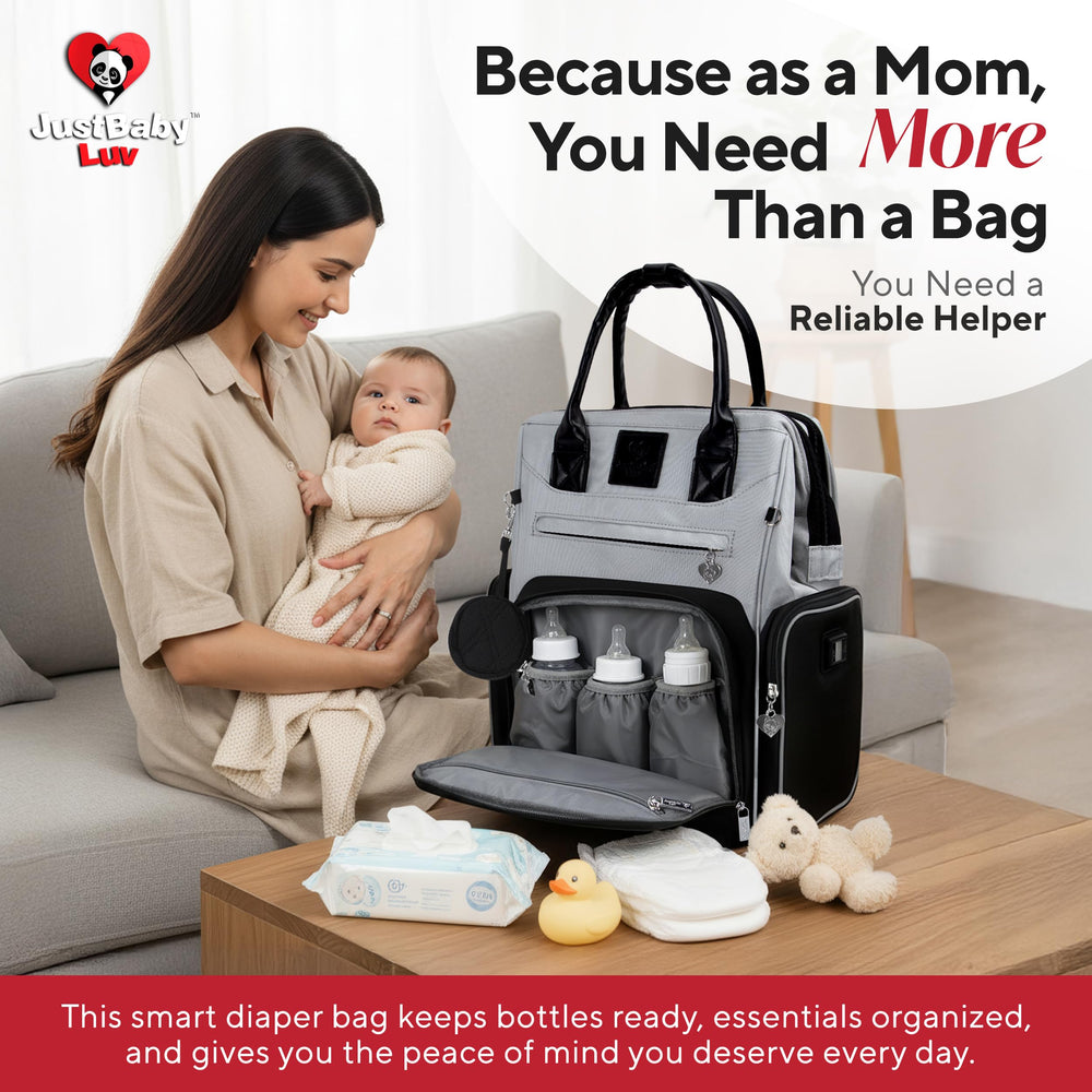 JustBaby Luv insulated bottle holders maintain feeds on the go.
