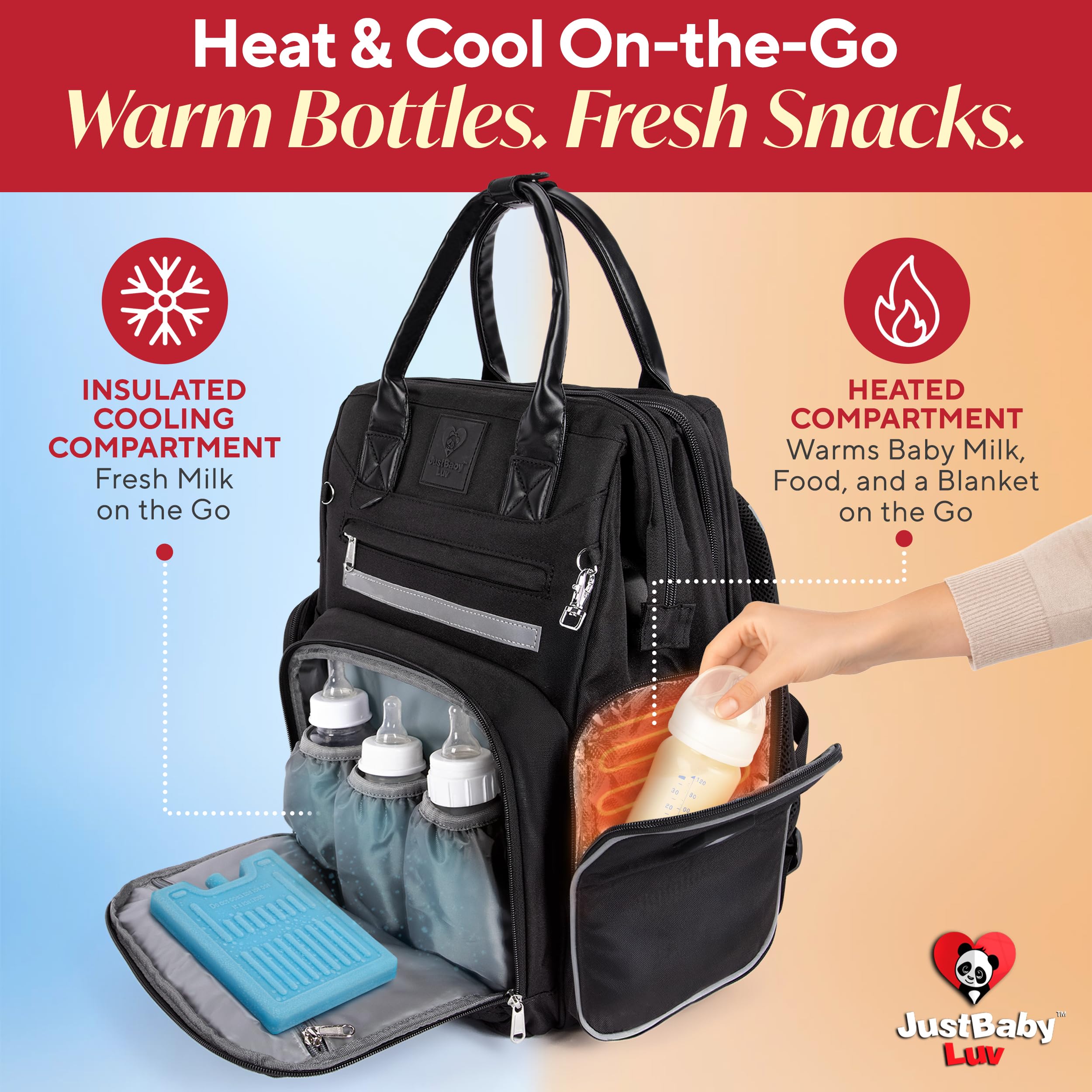 JustBaby Luv multi-carry options let you switch from backpack to tote easily.