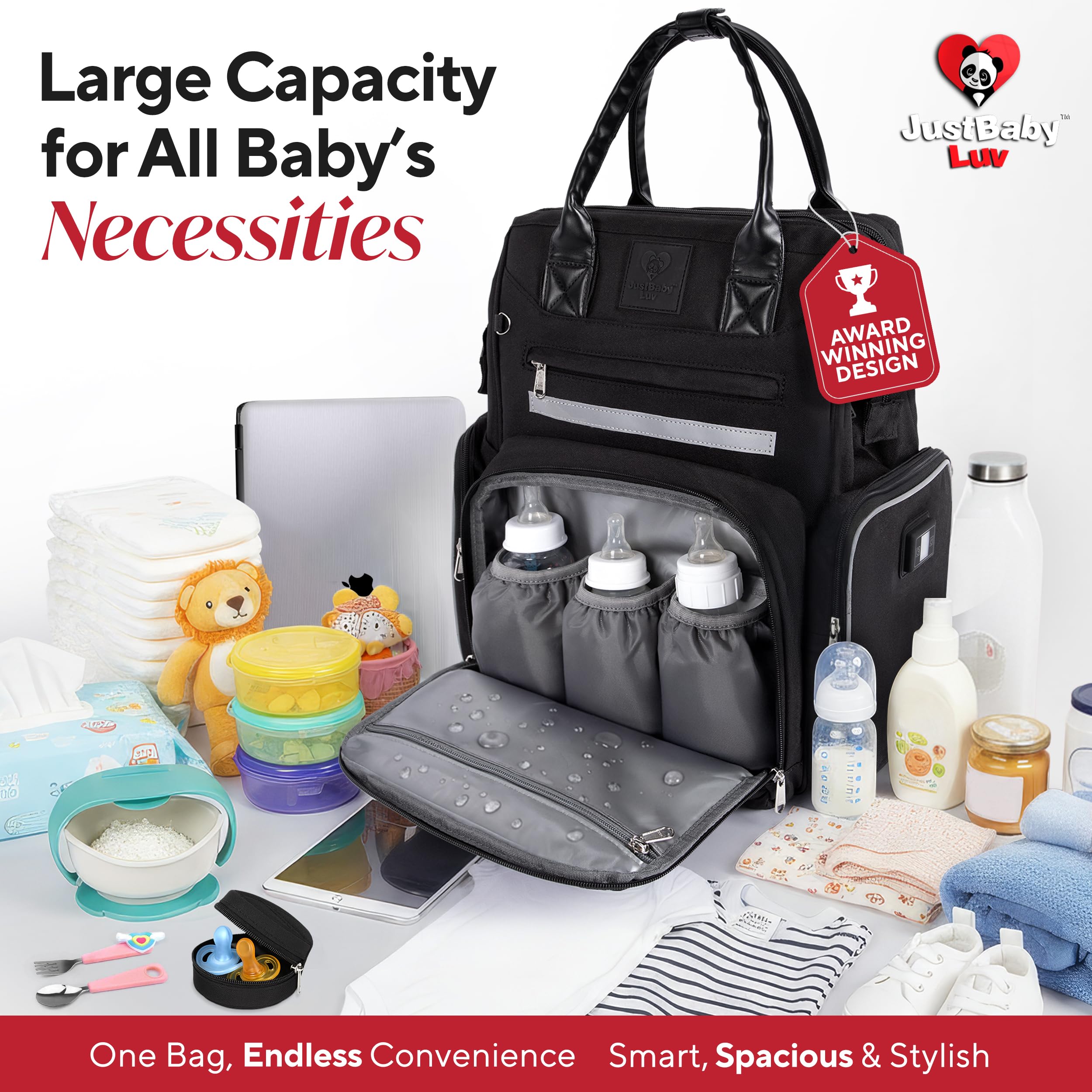JustBaby Luv spill-resistant lining keeps the interior tidy.