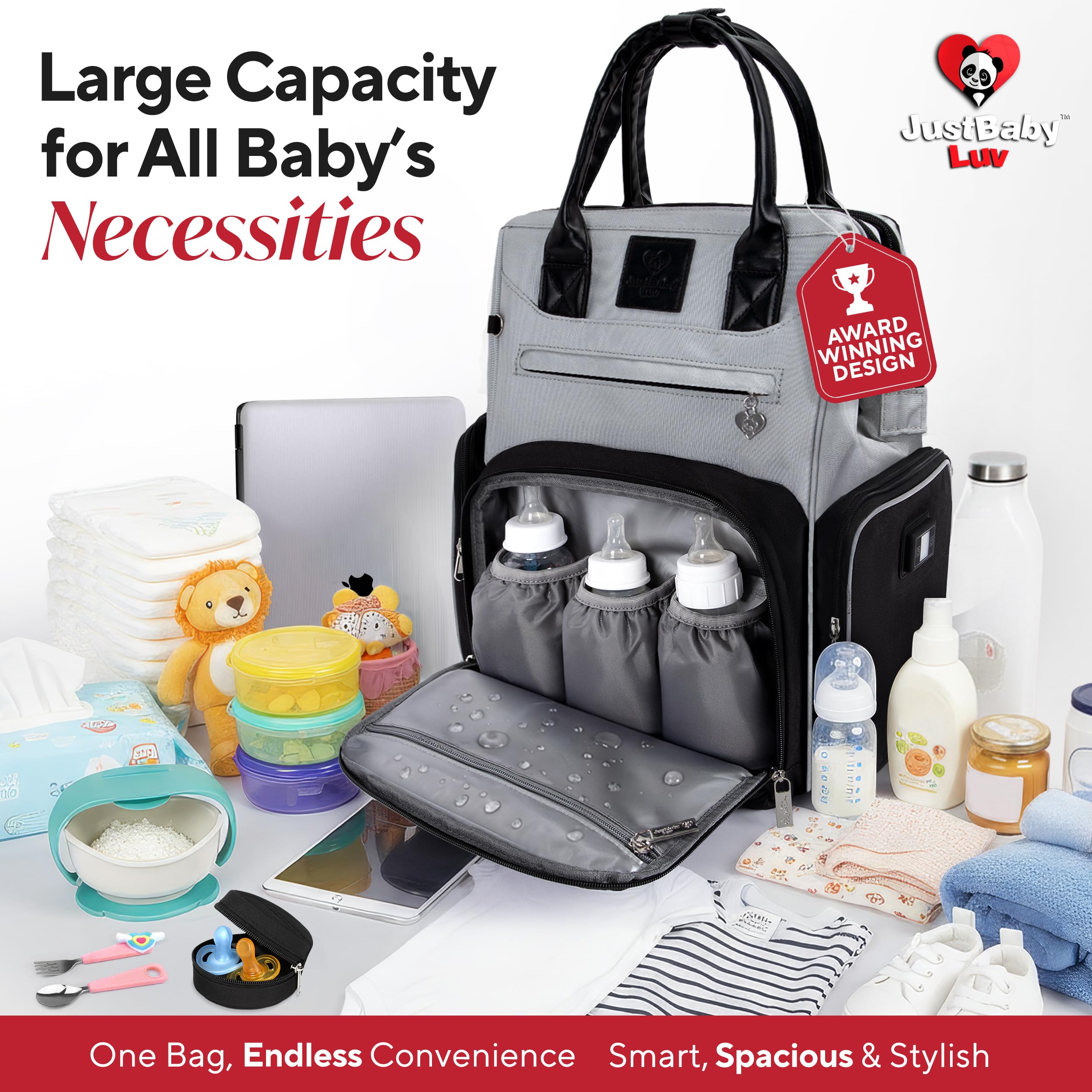 JustBaby Luv stroller attachment enables hands-free carrying.
