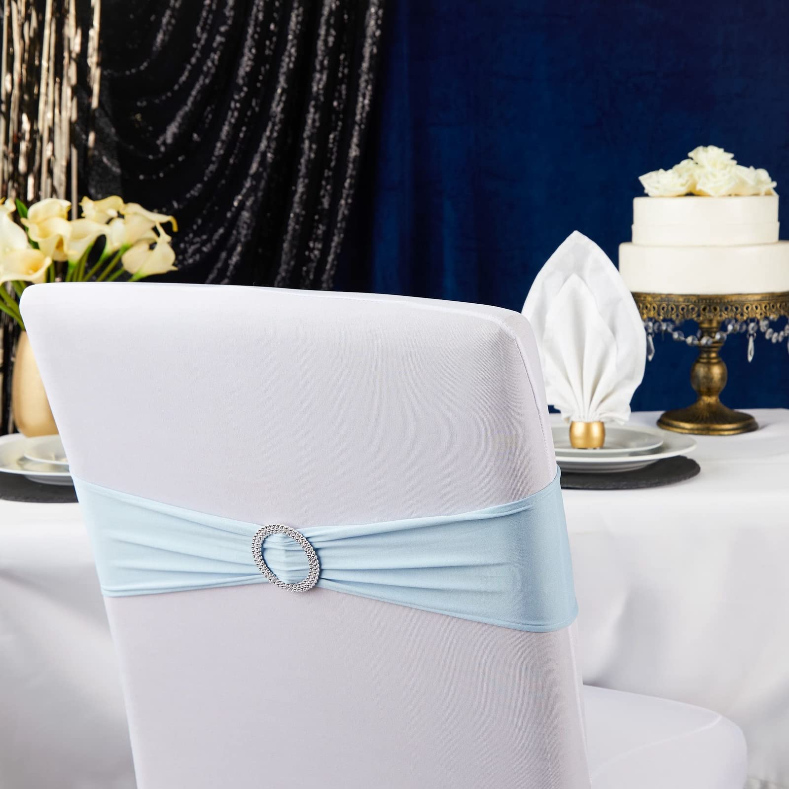 Juvale light blue chair sash draped on chair back for event elegance.