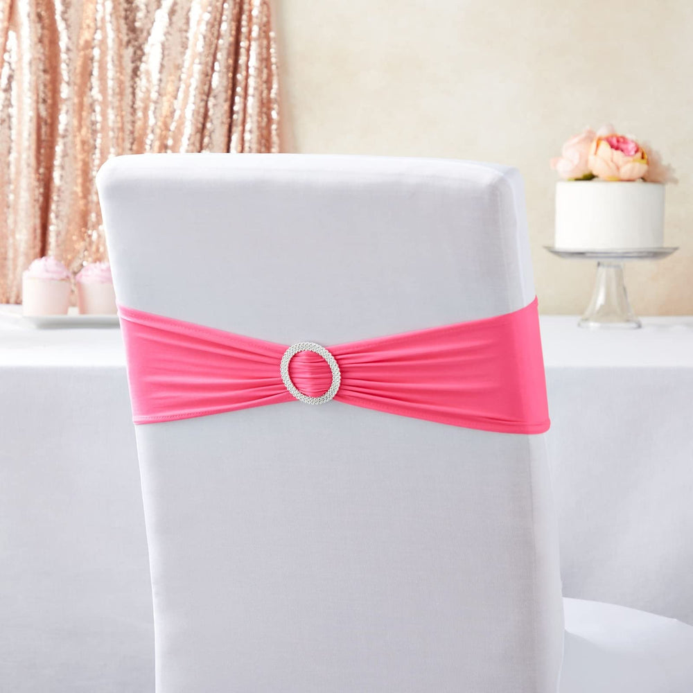 Juvale pink chair sashes stretched across chair backs for a polished look.