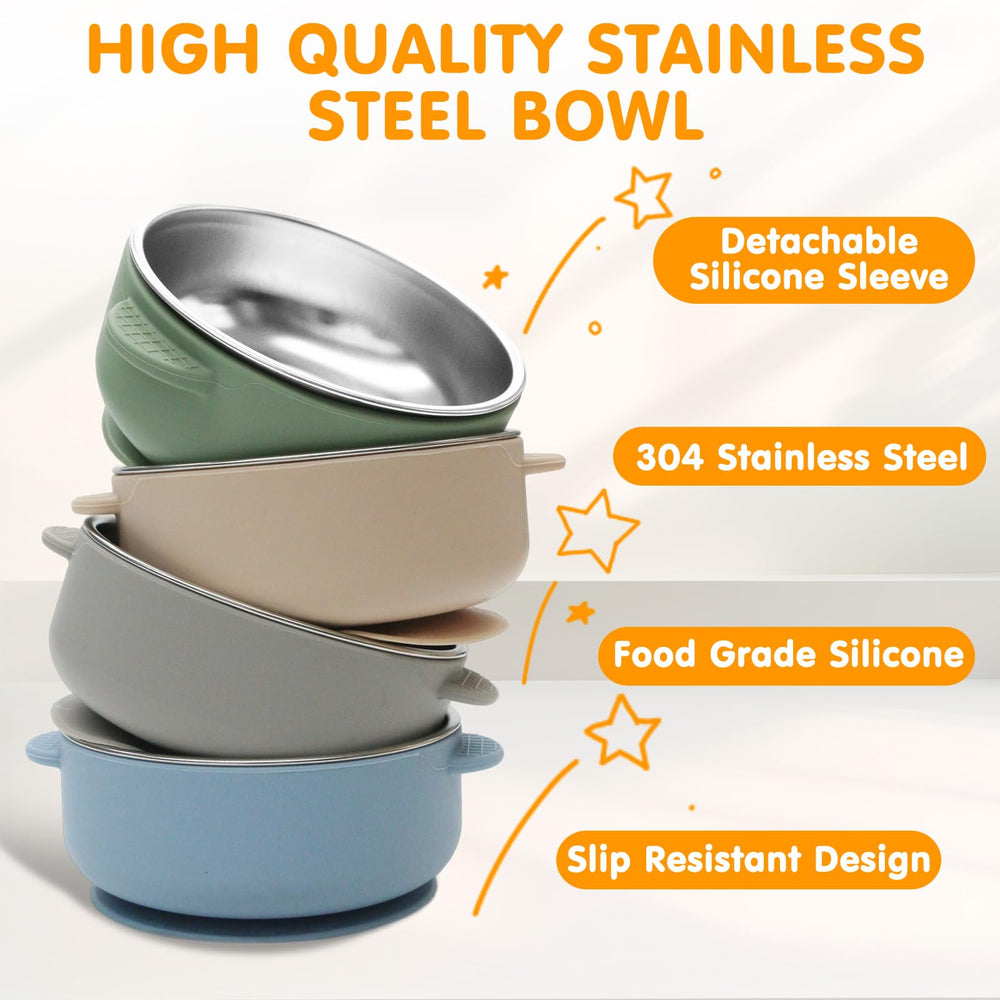 JVEOO 2-in-1 design showing stainless inner bowl and silicone suction sleeve.
