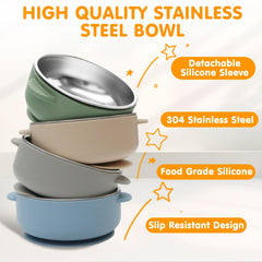 JVEOO 2-in-1 design showing stainless inner bowl and silicone suction sleeve.