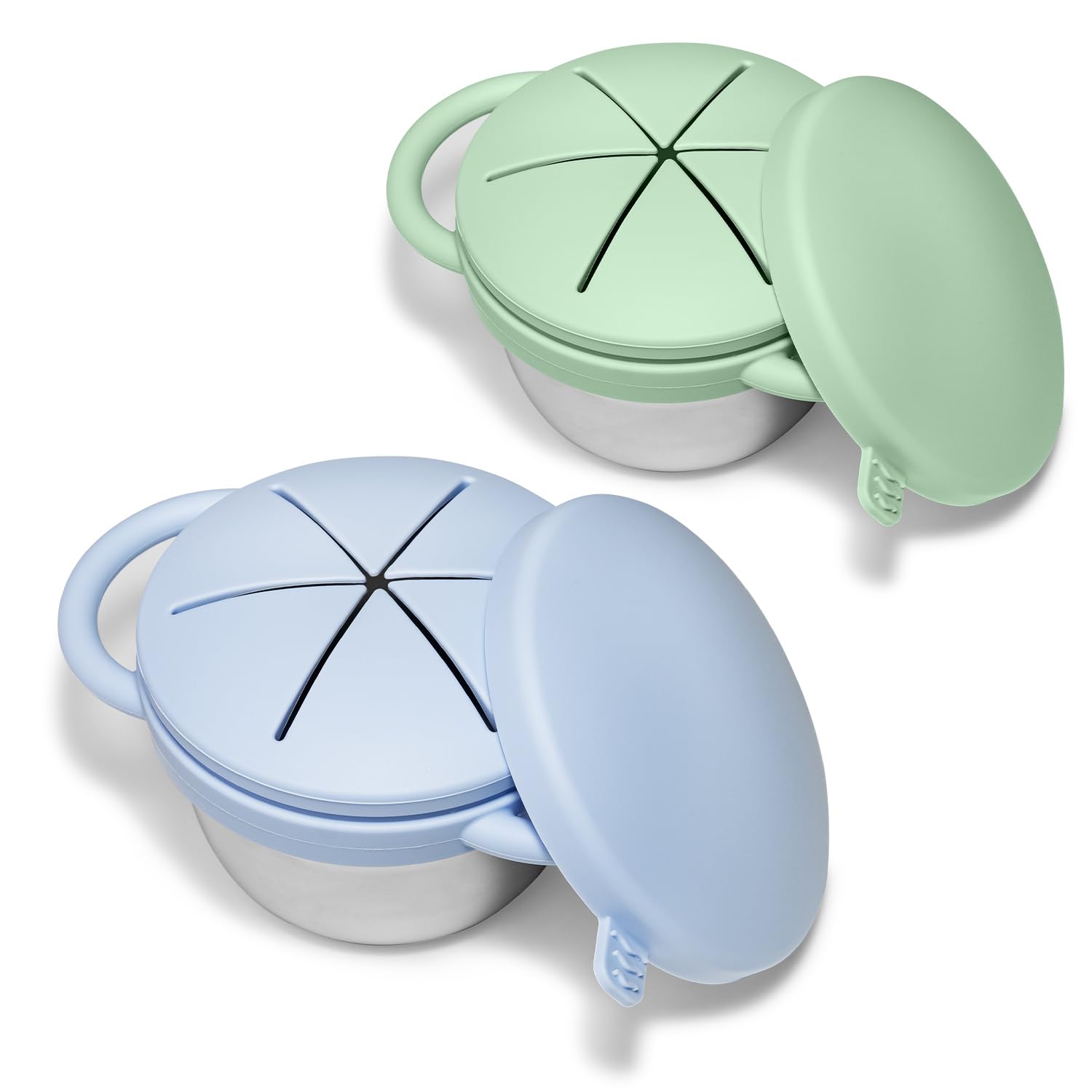 JVEOO 2-pack toddler snack cups with easy-grip handles for mess-free self-feeding.