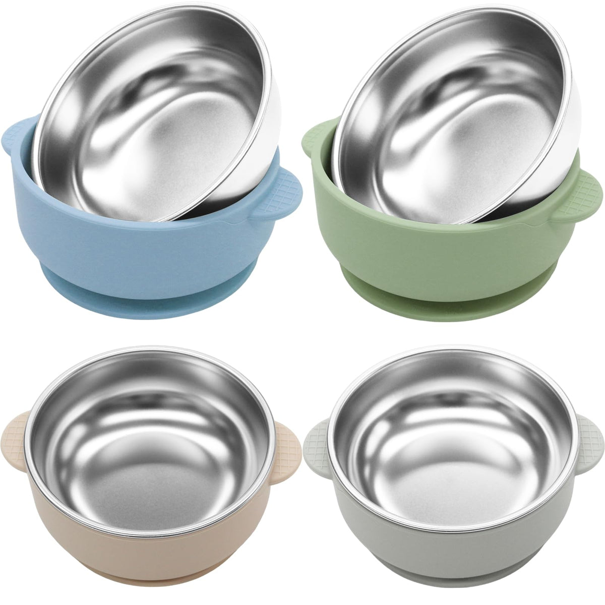 JVEOO 4-pack stainless steel baby bowls with strong suction for mess-free meals.
