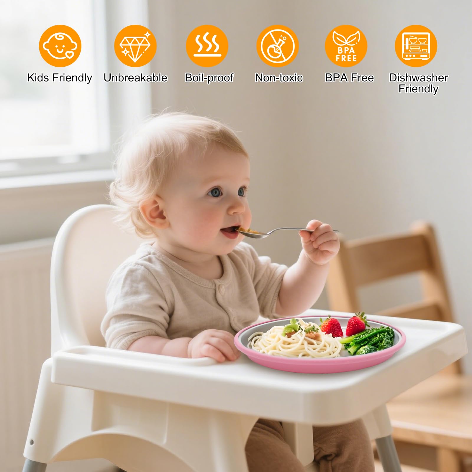 JVEOO 9-inch stainless steel plate is durable and easy to clean for toddlers