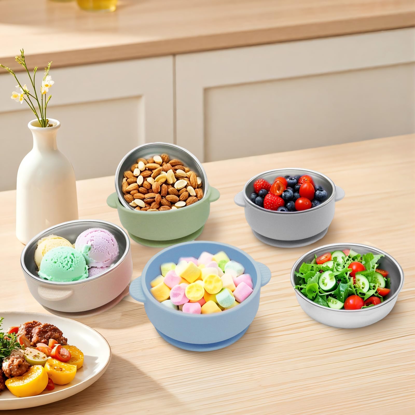 JVEOO bright color bowls for engaging toddler mealtimes.