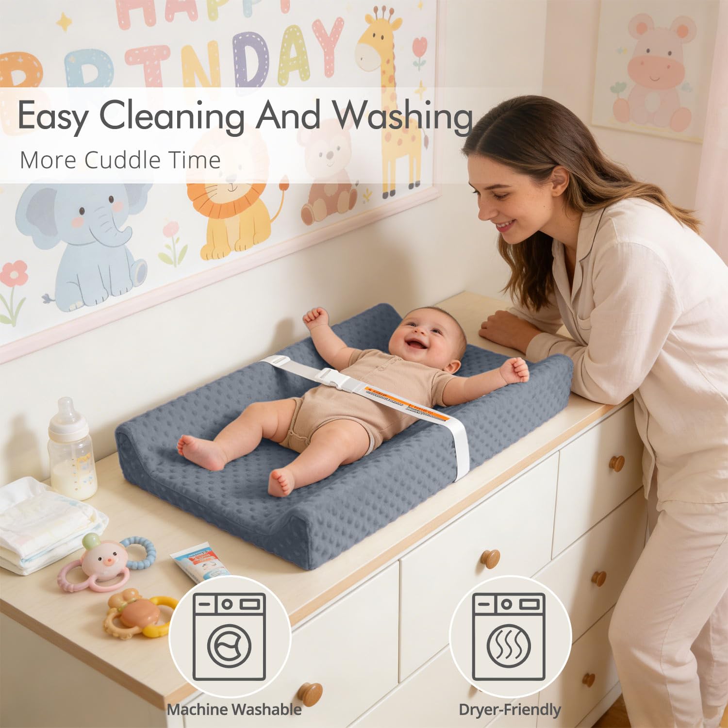 JVEOO elastic bottom band keeps the cover flat on the changing pad
