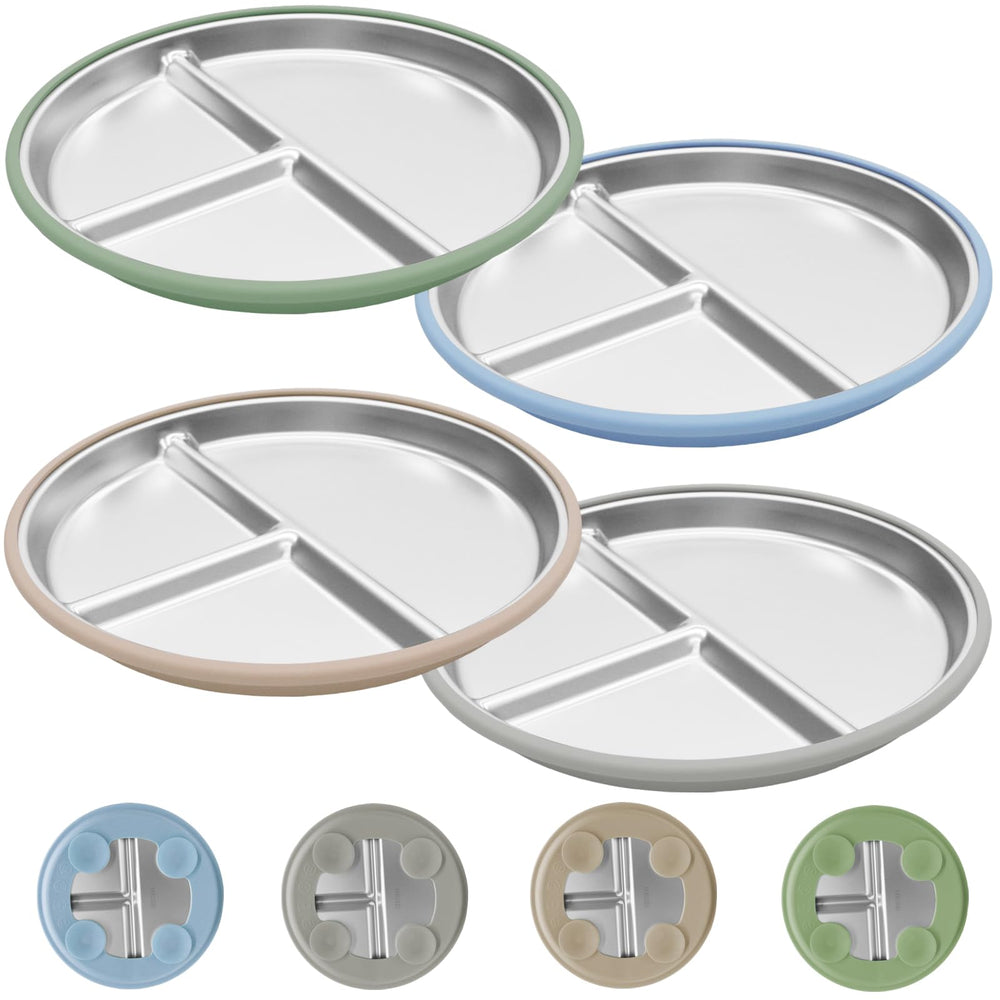 JVEOO stainless steel toddler plates with suction base on table for mess-free meals
