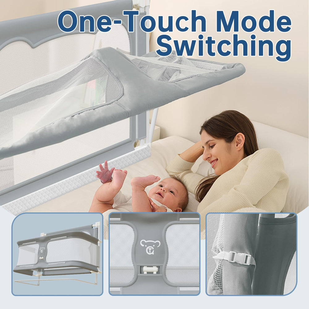 JWPEHOE adjustable side rail image shows convenient baby lifting and placement.