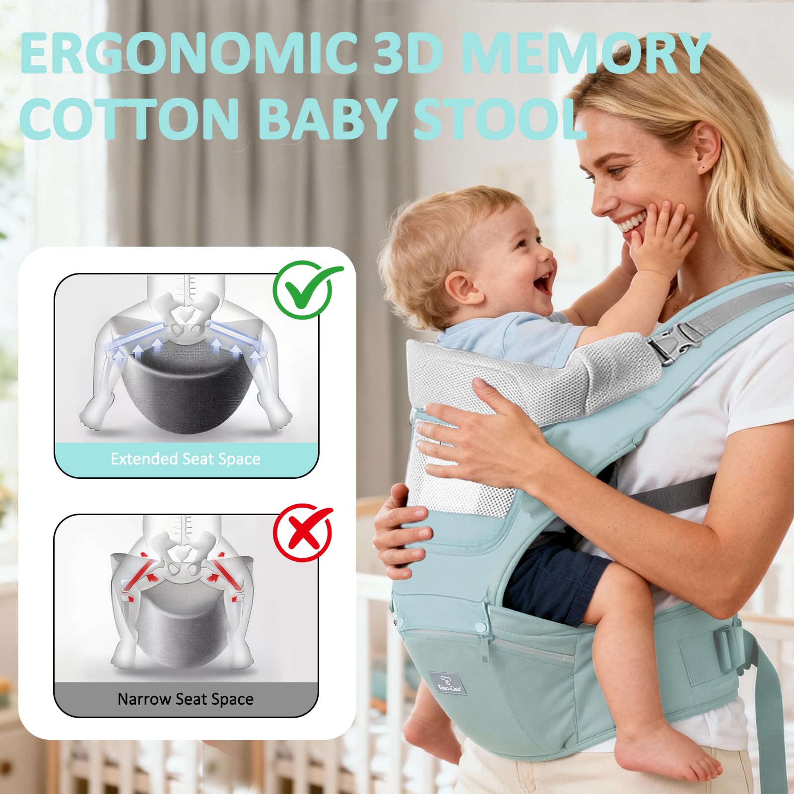 JWPEHOE ergonomic design supports baby's hips and spine during carry