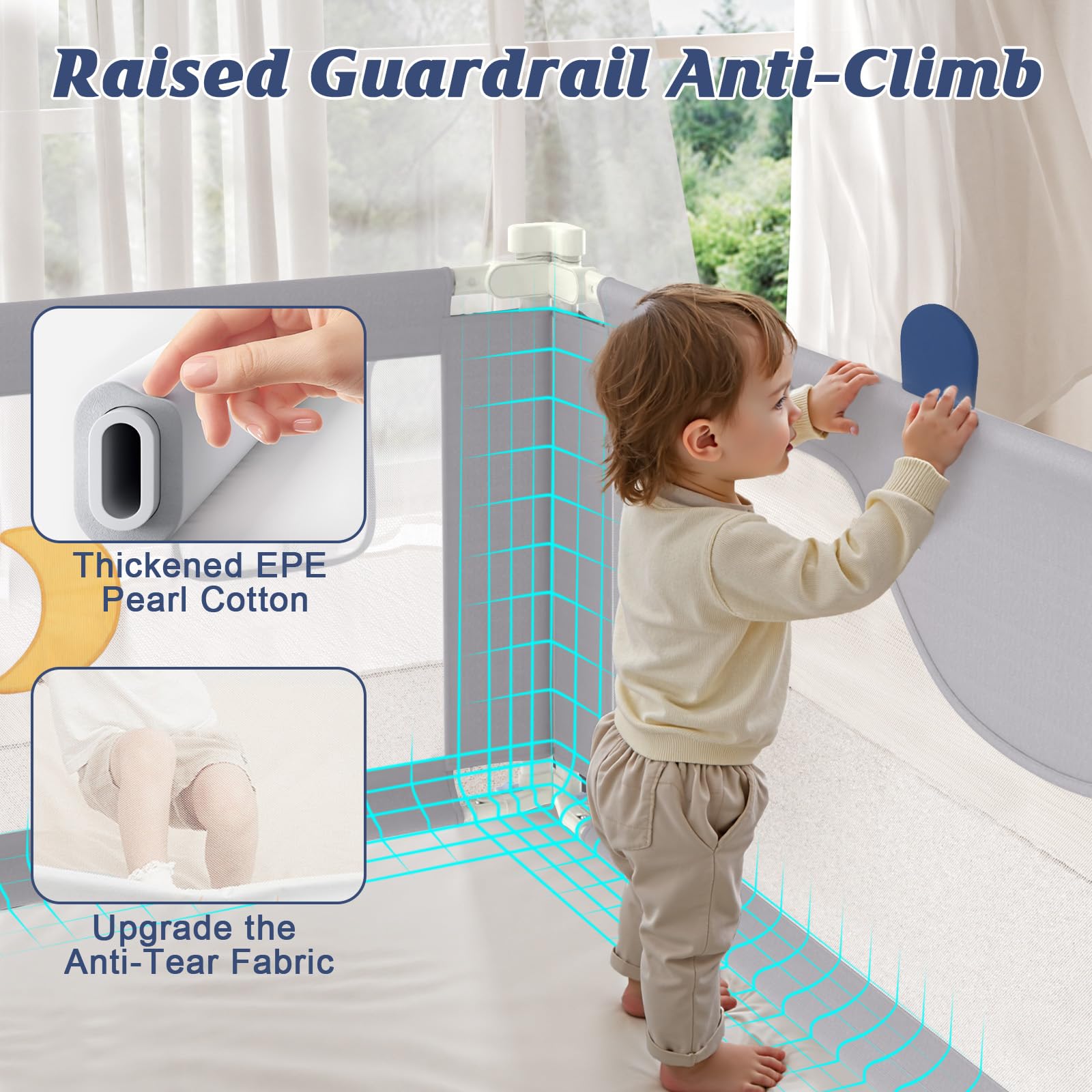 JWPEHOE bed rail safety lock and cushioned surface reducing bumps during rest.
