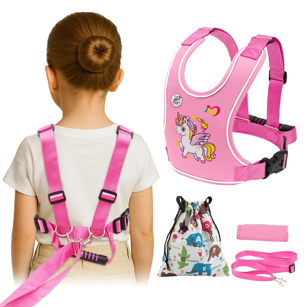 JXM safety walking harness with pink front view and light reflector for better nighttime visibility.