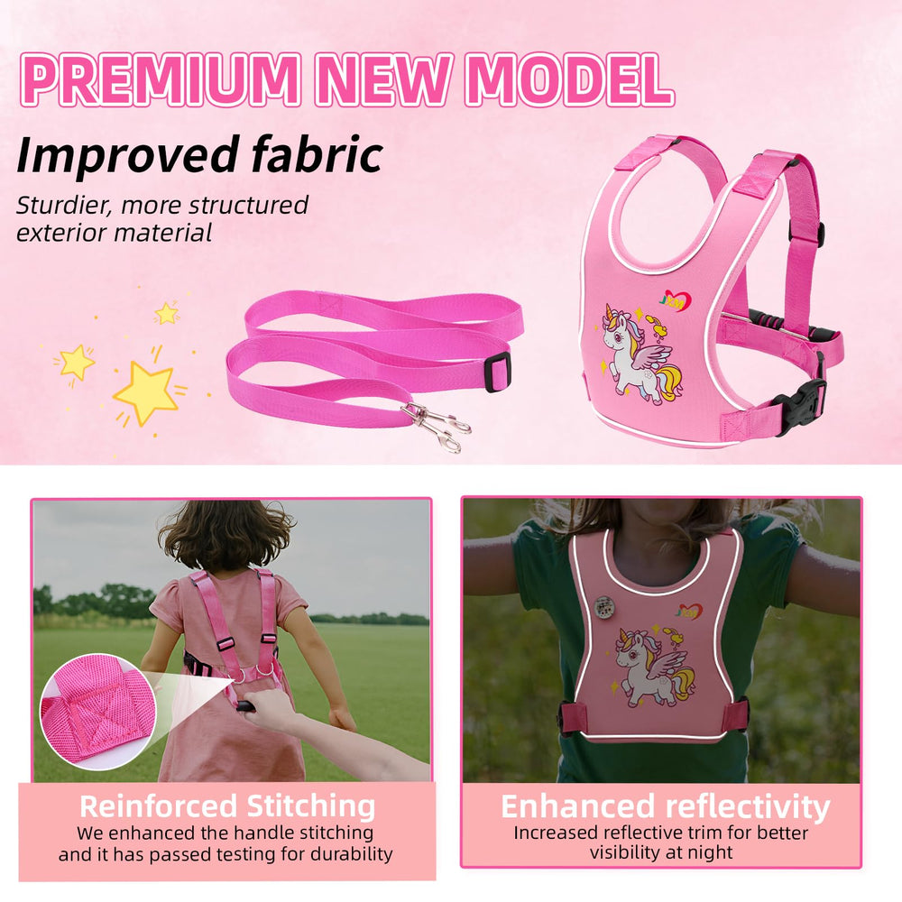 JXM safety walking harness pink side view with reflective details for visibility.