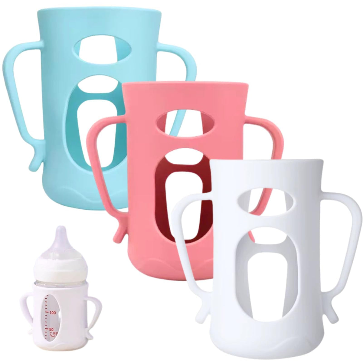 JXMYJR 3Pack silicone sleeve with bottle-handle improves grip for easy feeding.