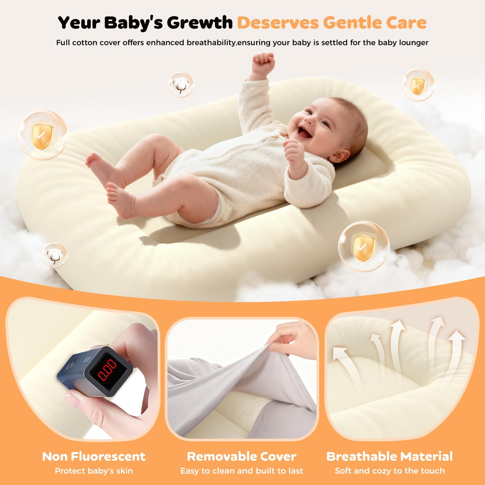 Jylvo Baby Lounger gray removable cover, easy machine-washable hygiene