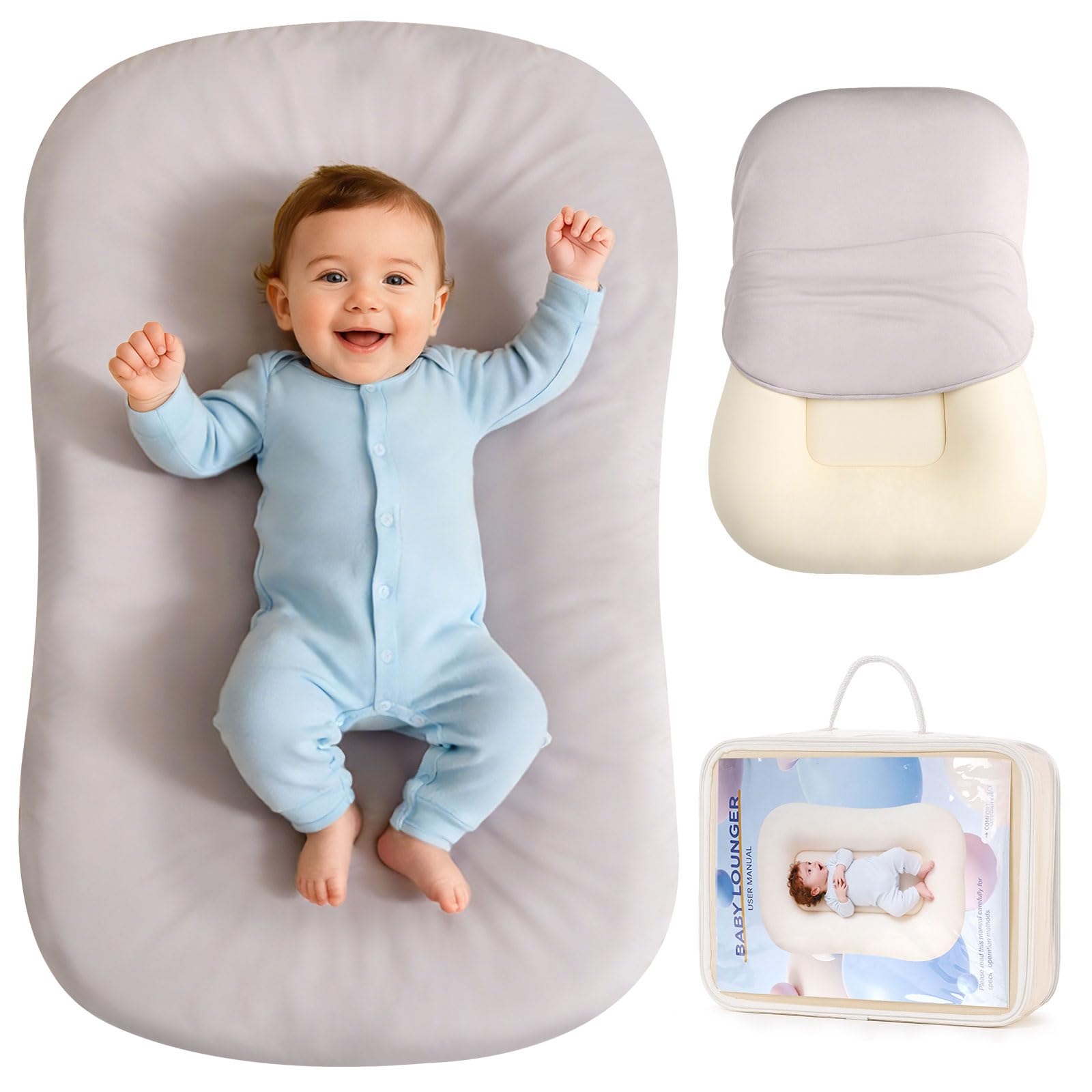 Jylvo Baby Lounger gray side view, secure supervised lounging for newborns
