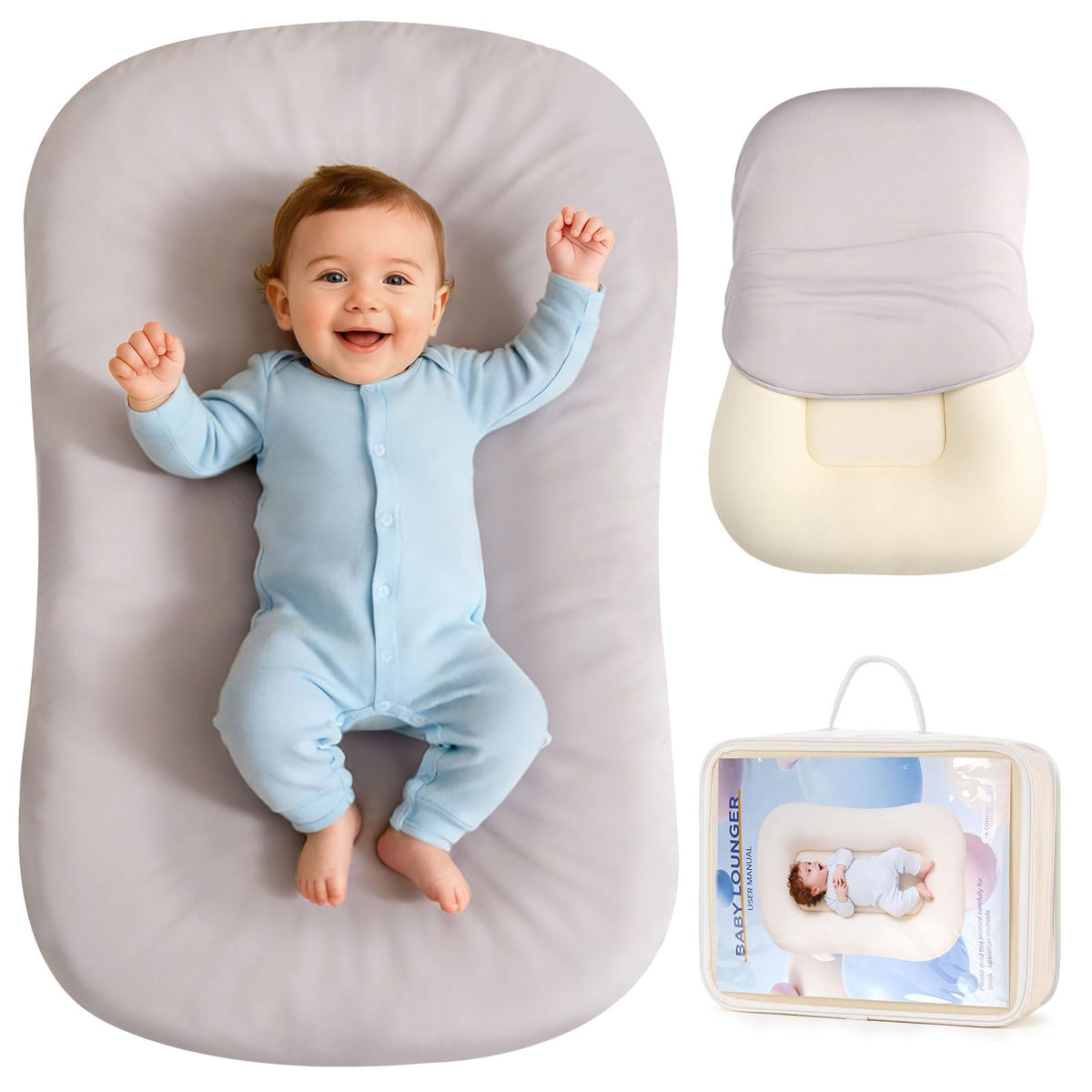 Jylvo Baby Lounger gray side view, secure supervised lounging for newborns