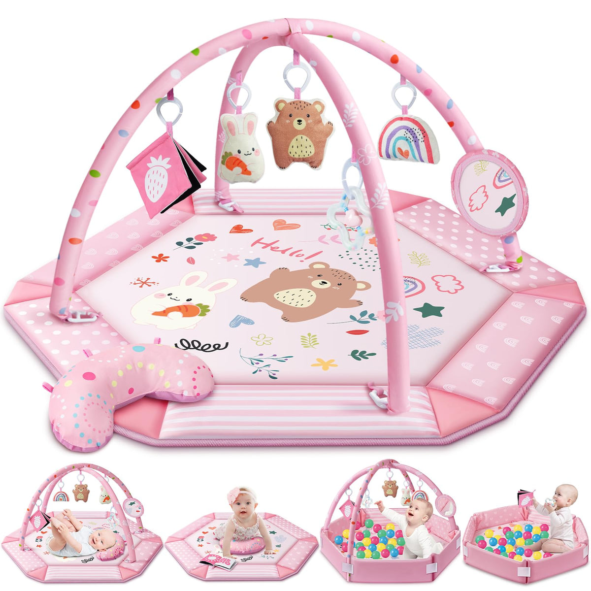 Jyusmile baby gym play mat with 8-in-1 design, ample room for tummy time and exploration.