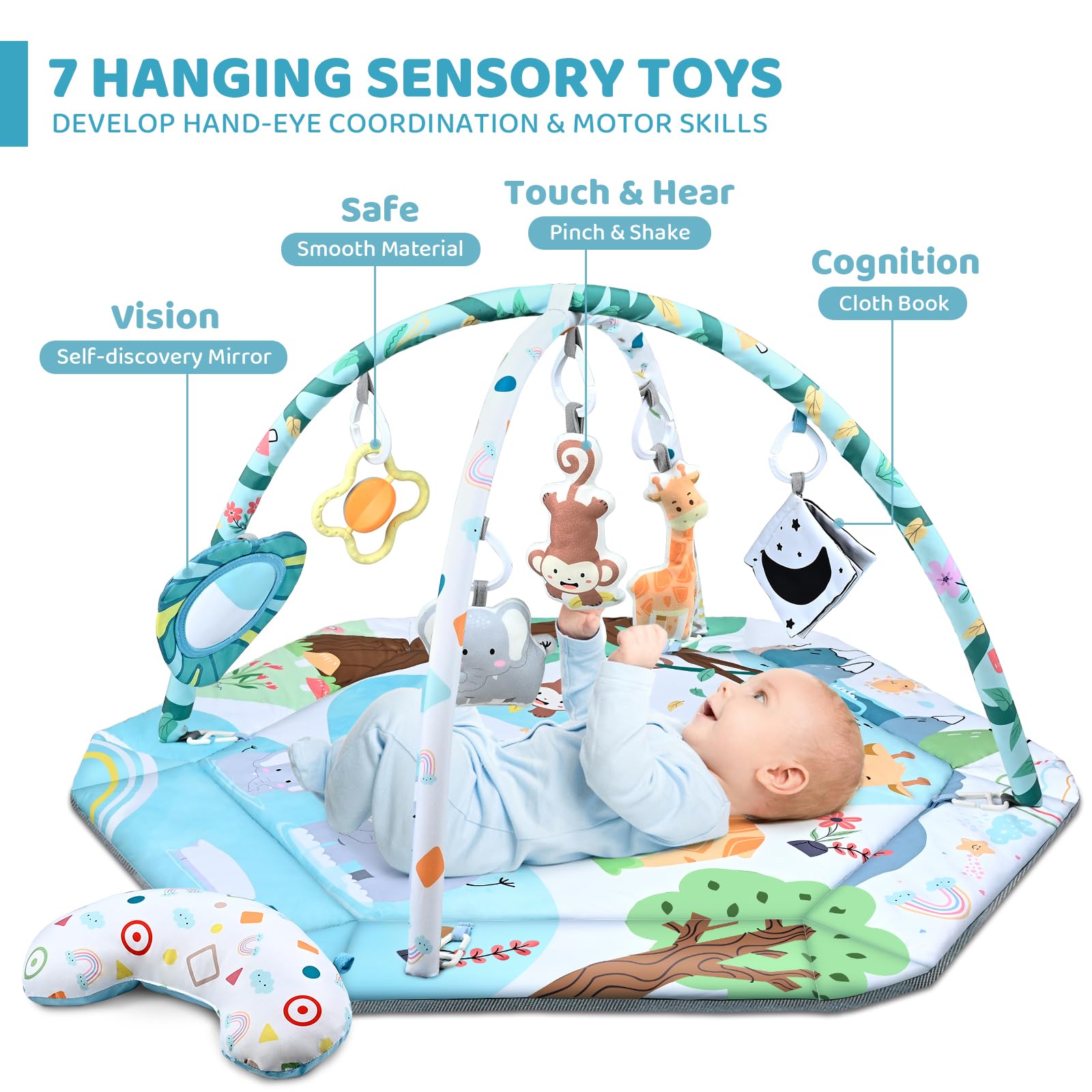 Jyusmile detachable toys boost visual and auditory stimulation during play.