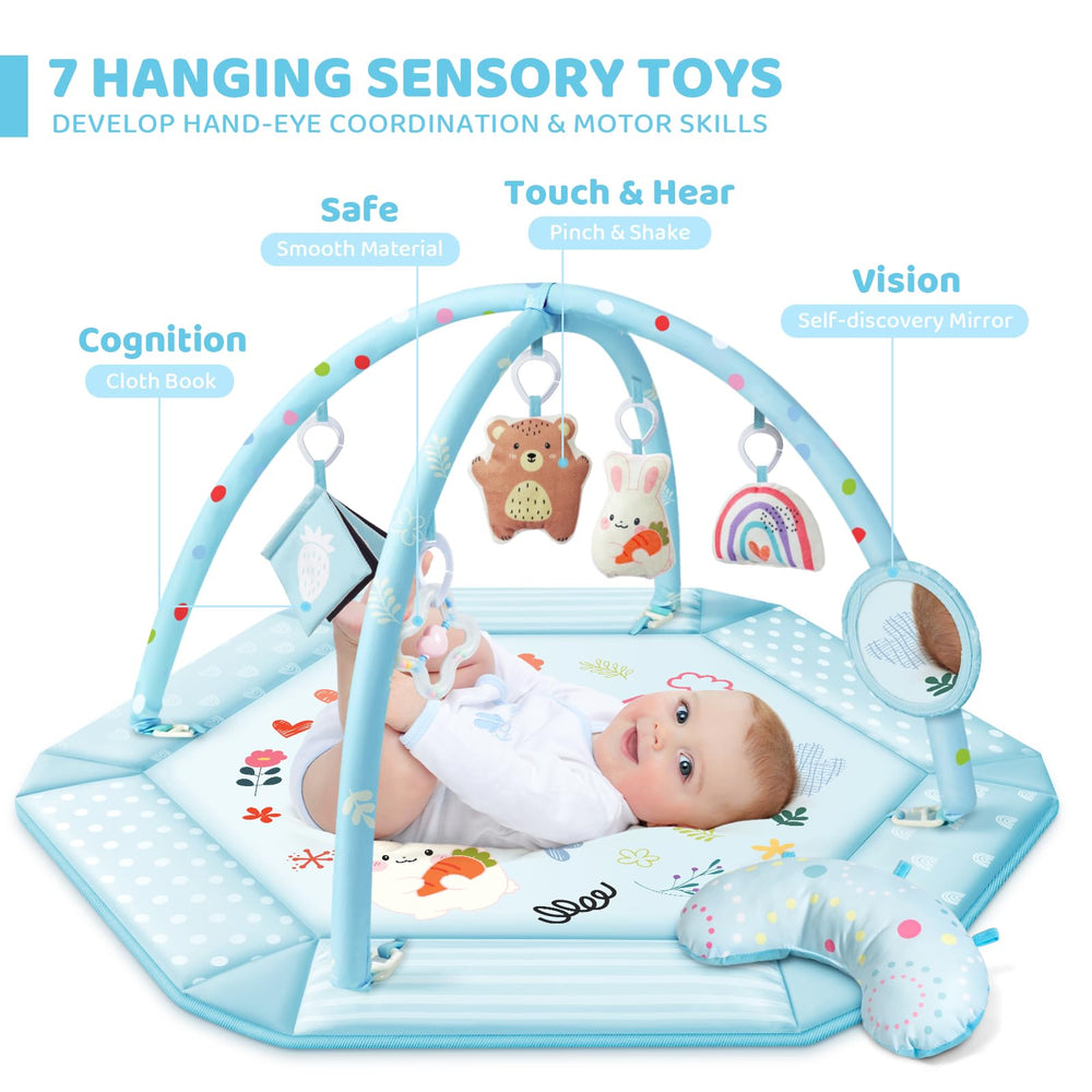 Jyusmile mat with six hanging toys for sensory engagement