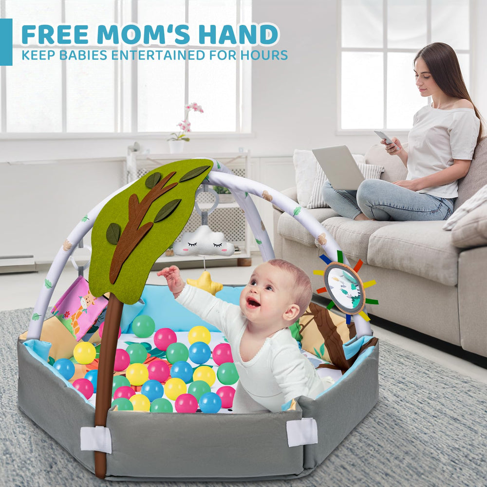 Jyusmile ball pit-ready area on the mat with toy placement options