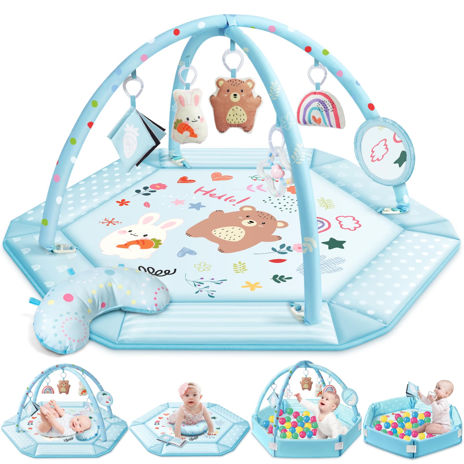 Jyusmile baby gym play mat blue front view for ample tummy-time space